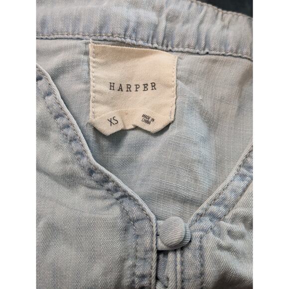Harper Retro Denim Top XS‎ Blue Tie Front Button Up Short Sleeve Casual V-Neck - Picture 3 of 9